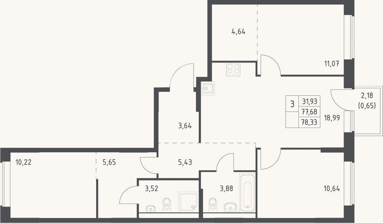 Планировка: 4+ к, 77,7 м²
