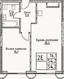 Планировка: 2-к, 54,2 м²