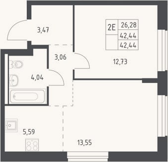 Планировка: 2-к, 42,4 м²