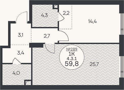 Планировка: 1-к, 59,8 м²