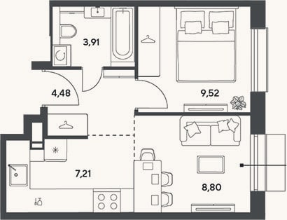 Планировка: 2-к, 33,9 м²