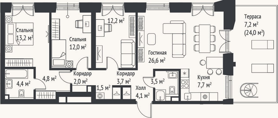 Планировка: 4+ к, 95,5 м²