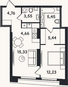 Планировка: 2-к, 51,4 м²