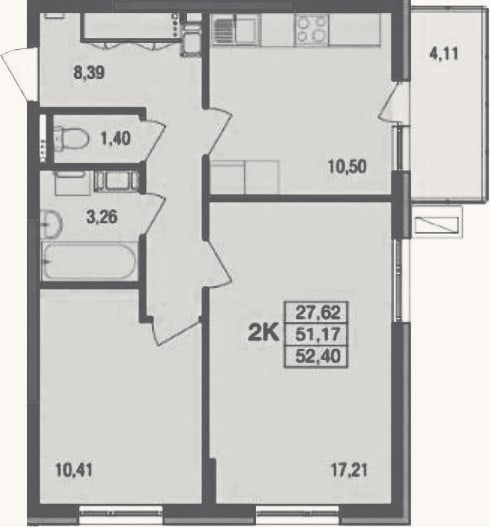 Планировка: 2-к, 51,2 м²
