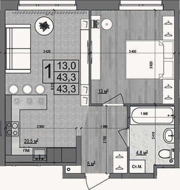 Планировка: 2-к, 43,3 м²