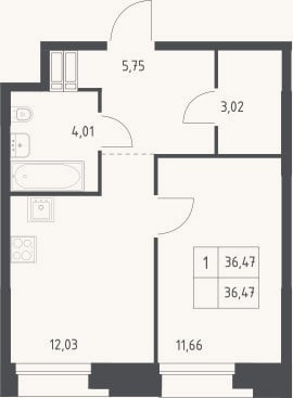 Планировка: 1-к, 36,5 м²