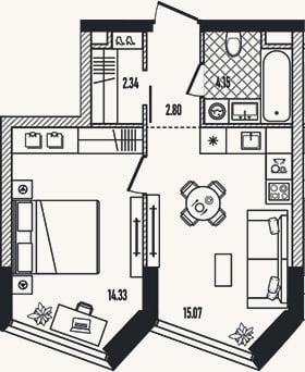 Планировка: 2-к, 38,7 м²
