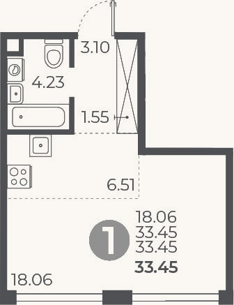 Планировка: Студия, 33,5 м²
