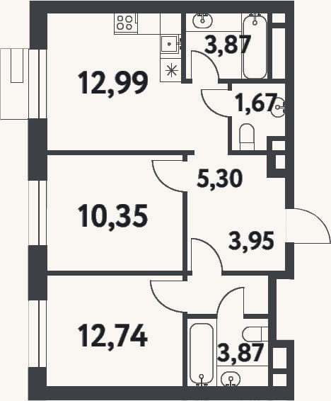 Планировка: 2-к, 54,7 м²