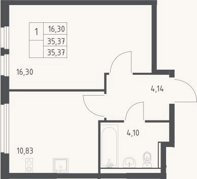Планировка: 1-к, 35,4 м²