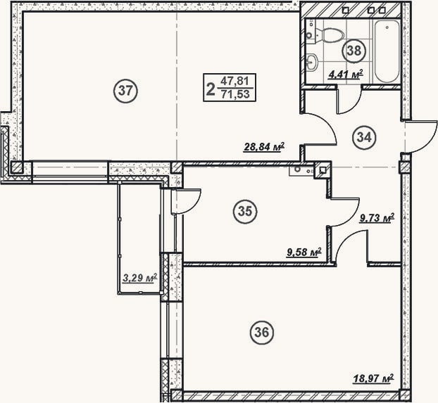 Планировка: 2-к, 71,5 м²