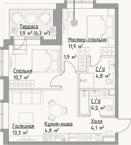 Планировка: 3-к, 55,7 м²
