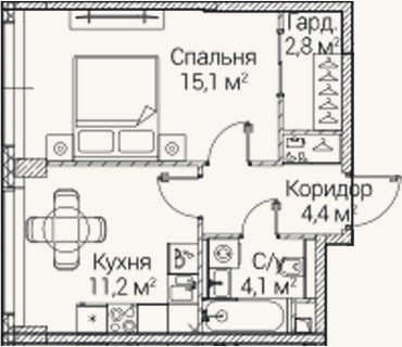 Планировка: 1-к, 37,6 м²