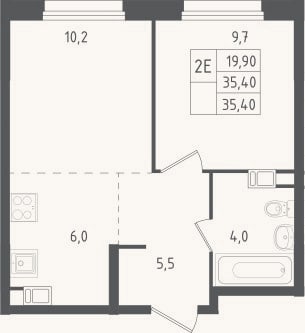 Планировка: 2-к, 35,4 м²