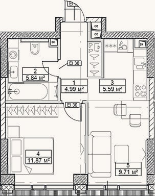 Планировка: 2-к, 38 м²