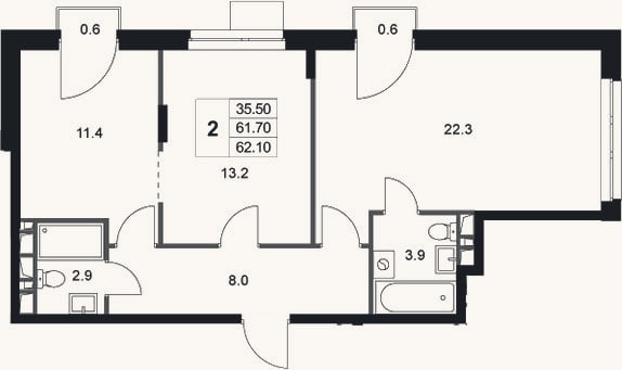 Планировка: 2-к, 61,7 м²
