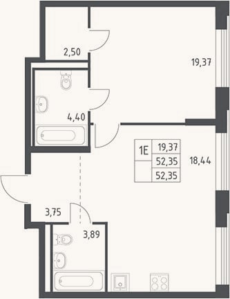Планировка: 2-к, 52,4 м²