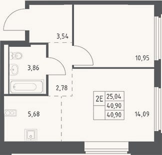 Планировка: 2-к, 40,9 м²