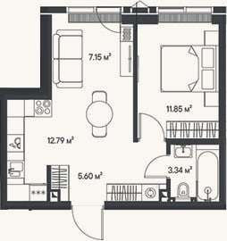 Планировка: 2-к, 40,7 м²