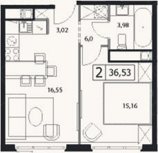 Планировка: 2-к, 36,5 м²