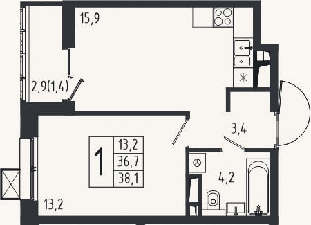 Планировка: 1-к, 36,7 м²