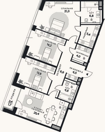 Планировка: 3-к, 103,3 м²