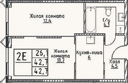 Планировка: 2-к, 42,7 м²