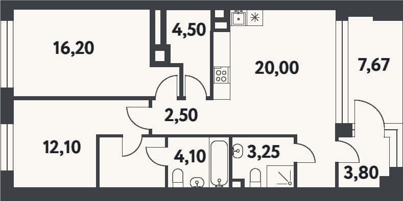 Планировка: 2-к, 71,1 м²