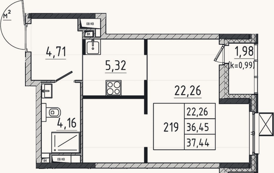 Планировка: Студия, 36,5 м²