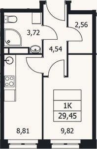Планировка: 1-к, 29,5 м²