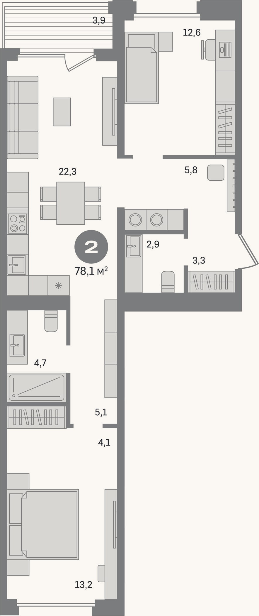 Планировка: 2-к, 74,2 м²