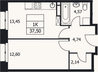 Планировка: 1-к, 37,5 м²