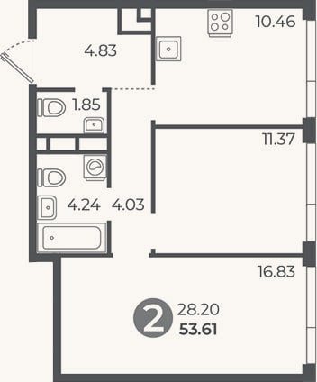 Планировка: 2-к, 53,6 м²