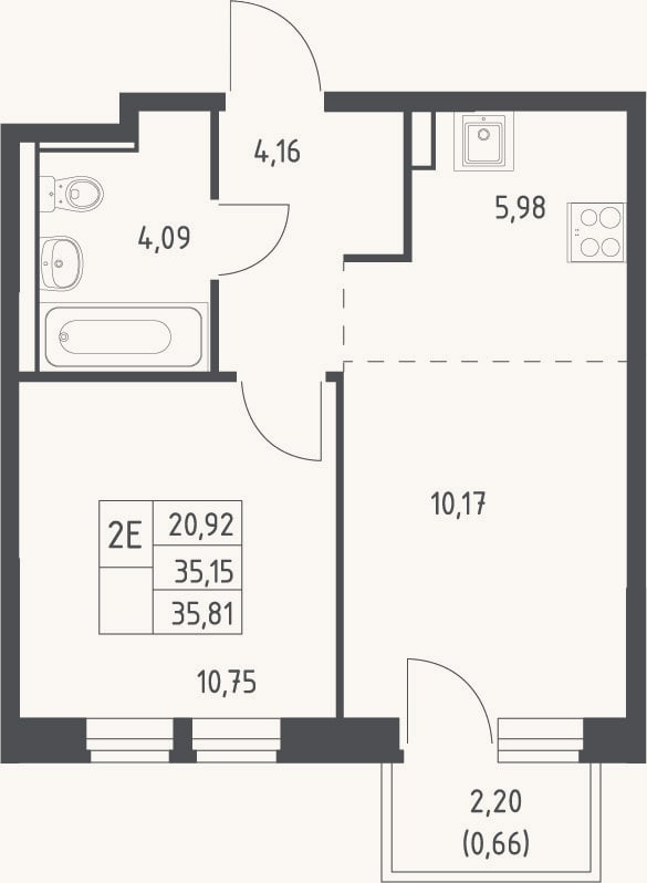 Планировка: 2-к, 35,2 м²