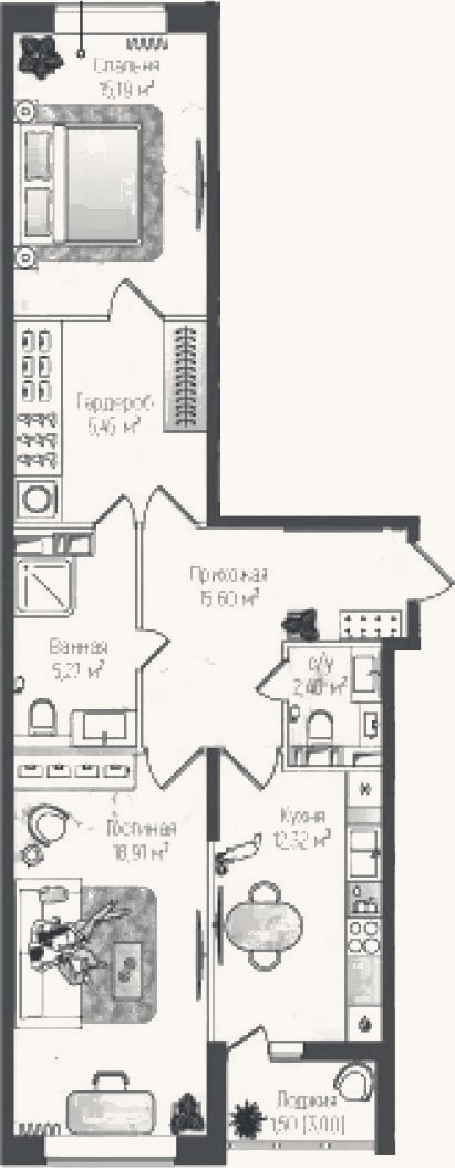 Планировка: 2-к, 75,1 м²