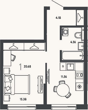 Планировка: 1-к, 35,7 м²