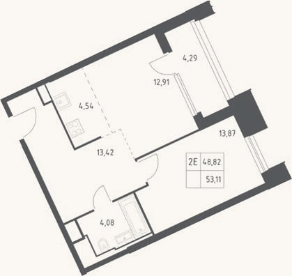 Планировка: 2-к, 48,8 м²