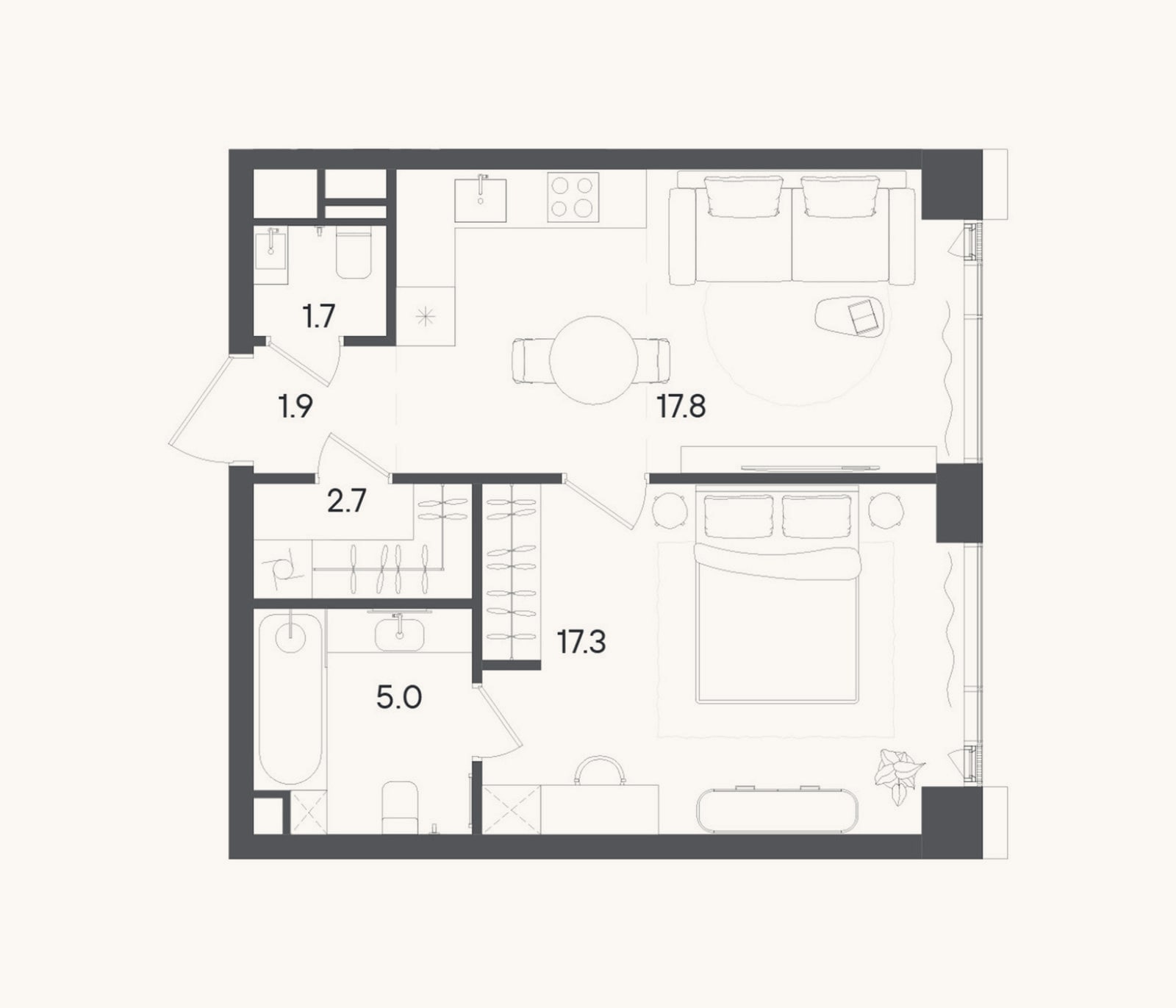 Планировка: 2-к, 46,4 м²