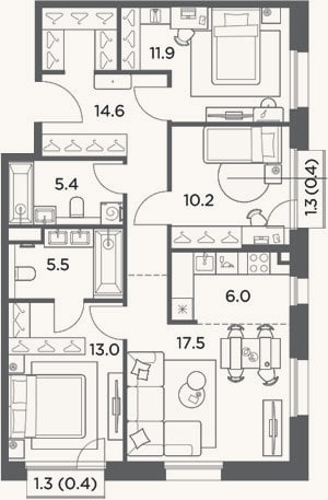 Планировка: 4+ к, 84,1 м²