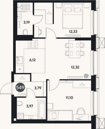 Планировка: 3-к, 52,8 м²