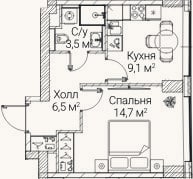 Планировка: 1-к, 33,8 м²