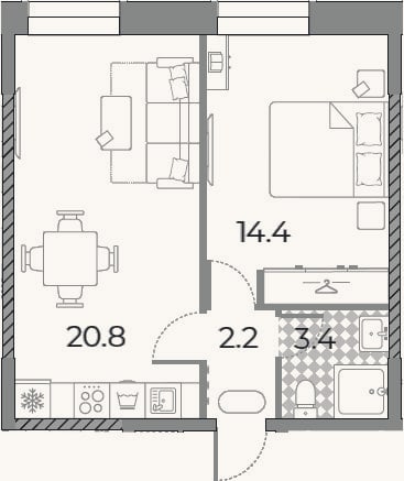 Планировка: 2-к, 40,8 м²