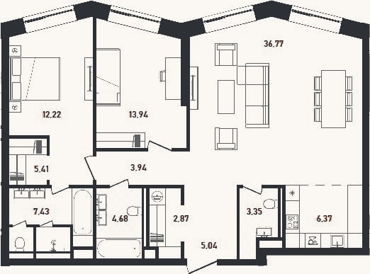 Планировка: 3-к, 102 м²