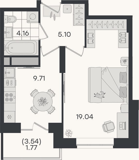 Планировка: 1-к, 38 м²