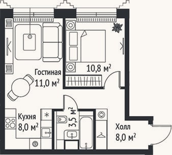 Планировка: 2-к, 41,3 м²