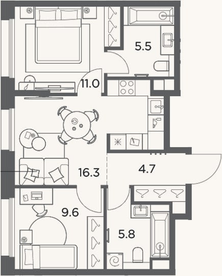 Планировка: 2-к, 52,9 м²