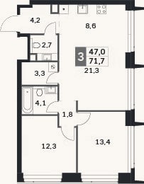 Планировка: 3-к, 71,7 м²