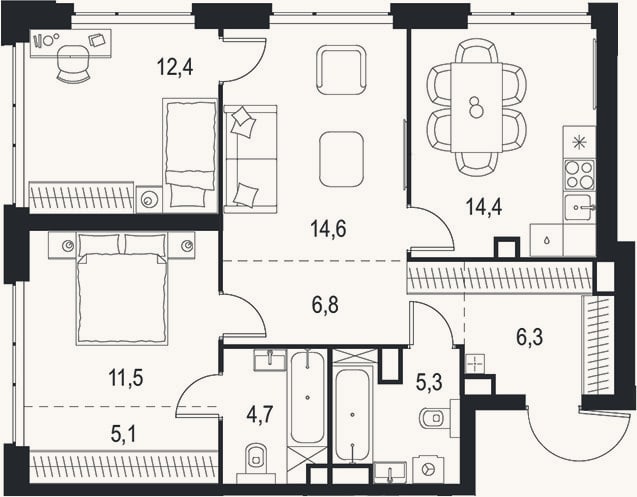Планировка: 3-к, 81,1 м²