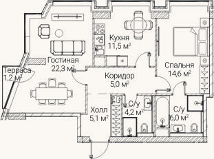 Планировка: 2-к, 67,1 м²
