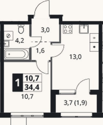 Планировка: 1-к, 32,5 м²